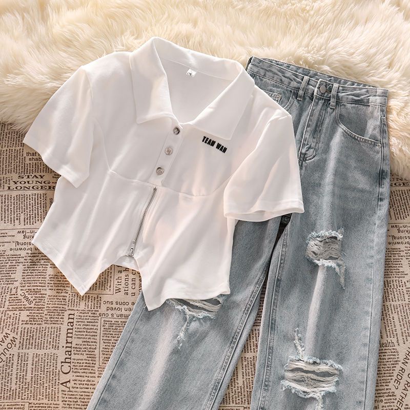 Set Áo Thun Ngắn Tay + Quần Jeans Lưng Cao Thời Trang Hè Hàn Quốc Mới 2022 Cho Nữ