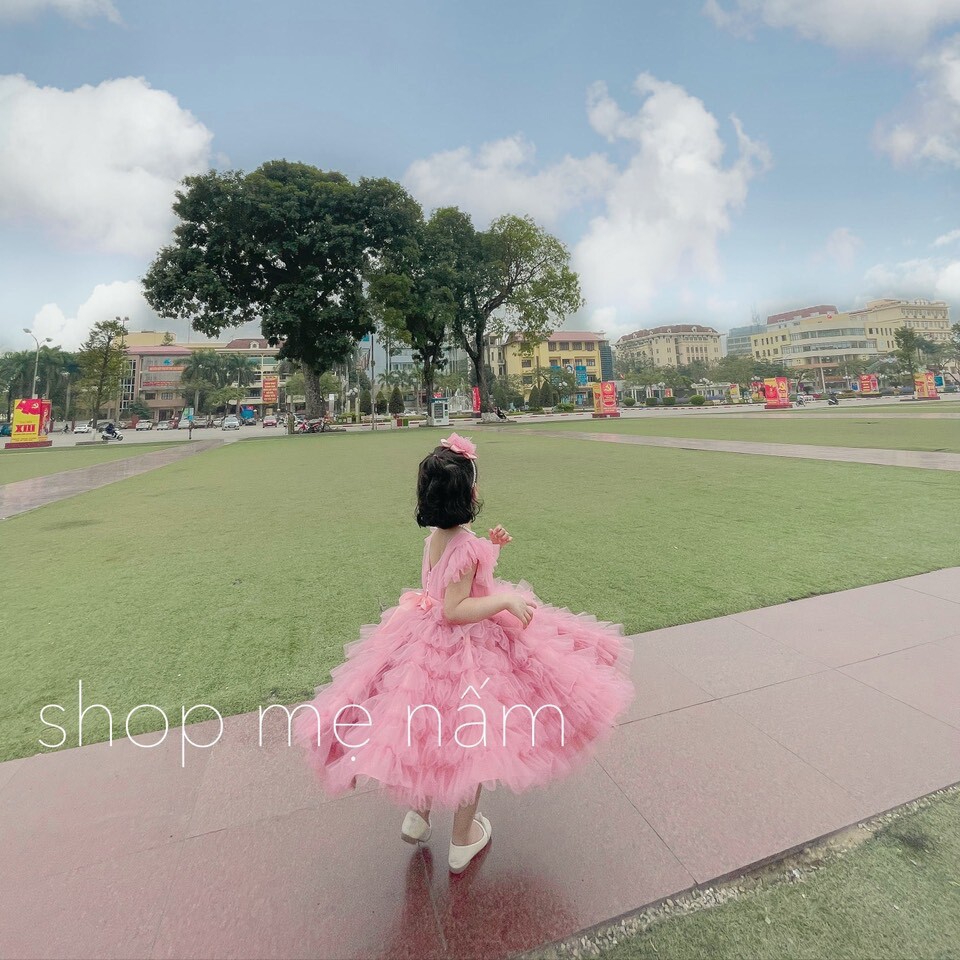Đầm bé gái cánh tiên dáng xòe phồng xếp tầng công chúa trắng/hồng - Shop Mẹ Nấm