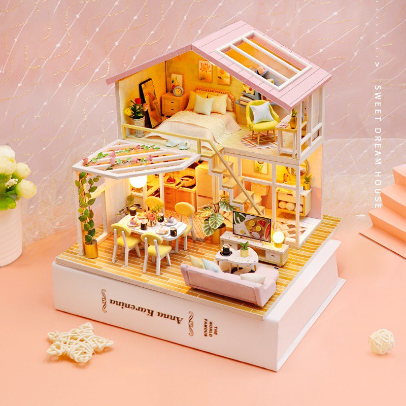 Mô hình nhà DIY Doll House Sweet Time Kèm Mica Chống bụi, Bộ dụng cụ và Keo dán