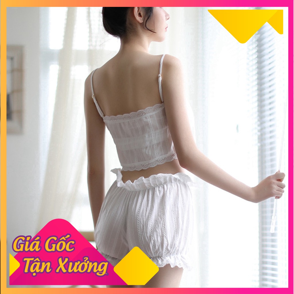 [Bản Đẹp] Bộ đồ ngủ mặc nhà màu trắng phối ren quyến rũ phong cách tiểu thư | BigBuy360 - bigbuy360.vn