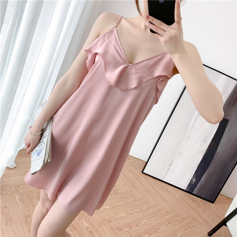Váy ngủ lụa trơn cổ vịt nhiều màu