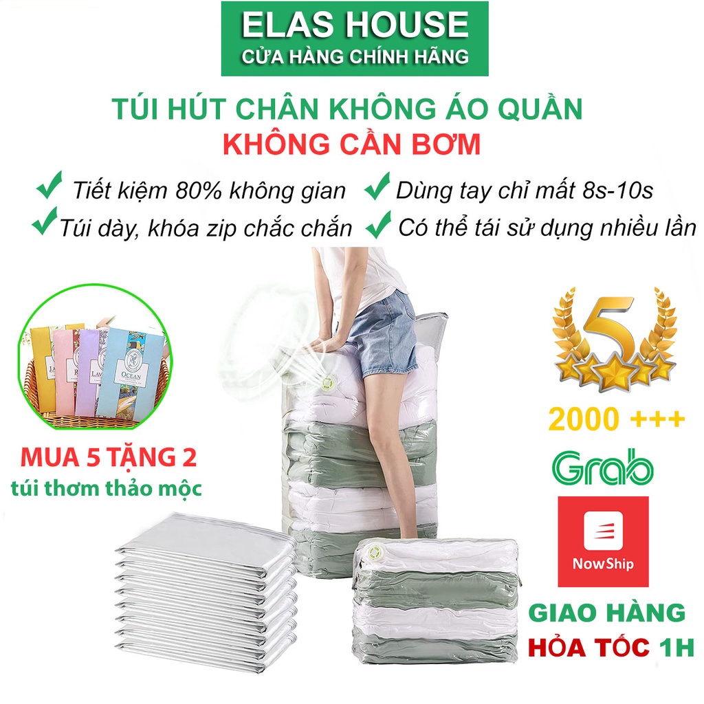 Túi hút chân không đựng quần áo Elas House để bọc chăn màn không cần dùng bơm 2 lớp khóa zip