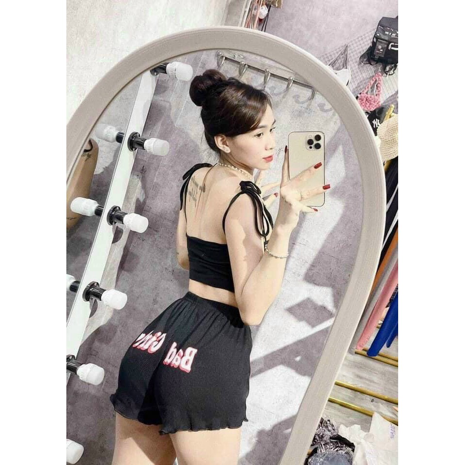 Set đồ nữ áo croptop 2 dây  kèm quần cộc có mút ngực lưng co giãn thun lạnh mẫu 2021