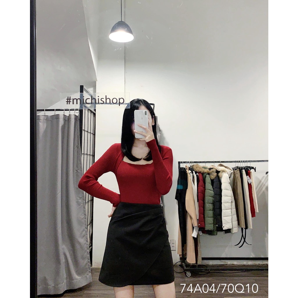 Áo len gân cổ vuông freesize - 74A04