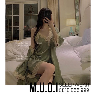 Set váy ngủ lụa xanh kèm choàng viền ren lụa xước quyến rũ - sx 140 - quảng châu cao cấp- sẵn