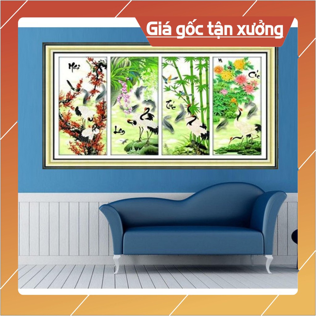 (ĐÃ ĐÍNH) Tranh đính đá thành phẩm TỨ QUÝ MAI LAN TRÚC CÚC 134x75 DF125