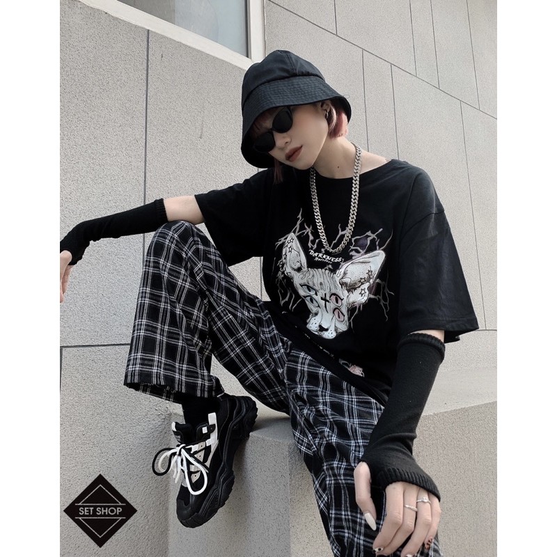 Áo phông hình mèo 4 mắt vải cotton thoáng mát form oversize