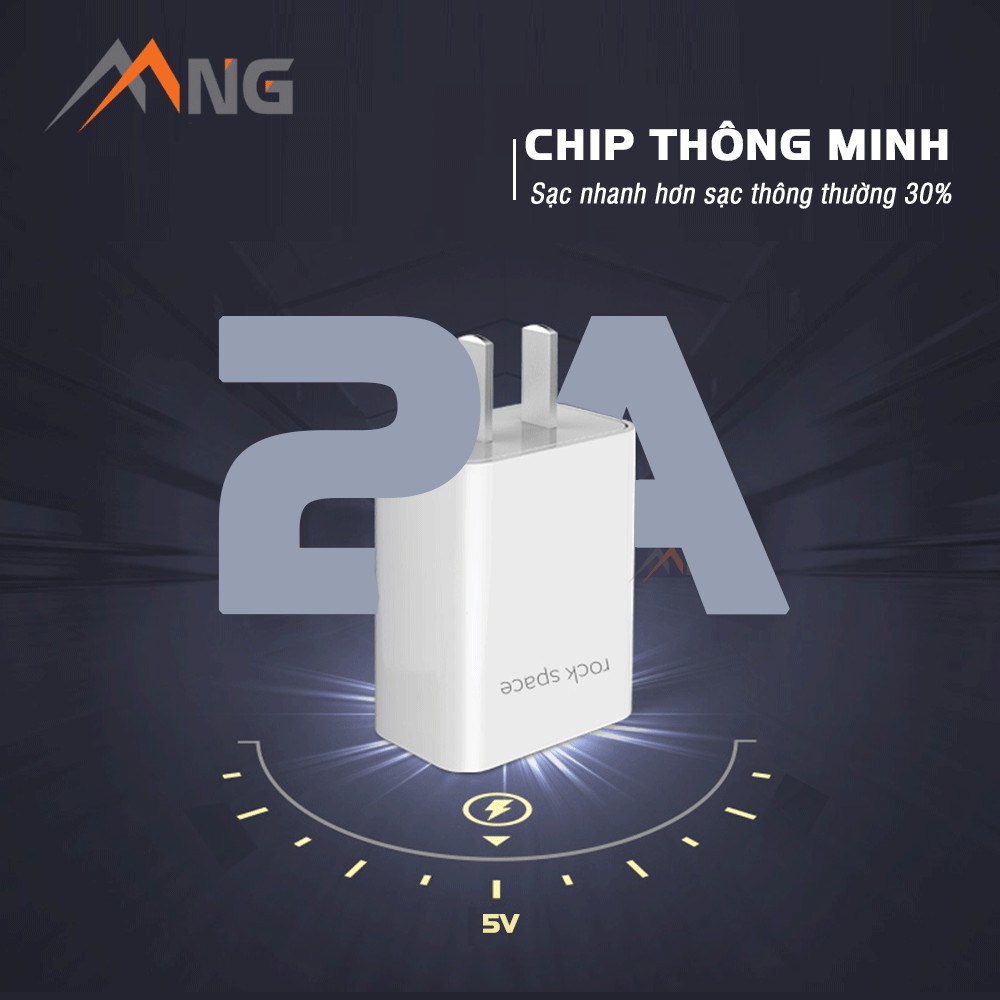 Củ sạc Rockspace T6 plus 2A 1 cổng USB - Hàng chính hãng bảo hành 12 tháng