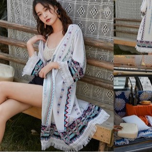 Áo choàng đi biển thổ cẩm tua rua dài/ áo sơ mi