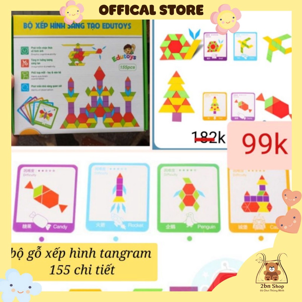 Bộ xếp hình tangram 155 chi tiết đồ chơi gỗ phát triển trí tuệ