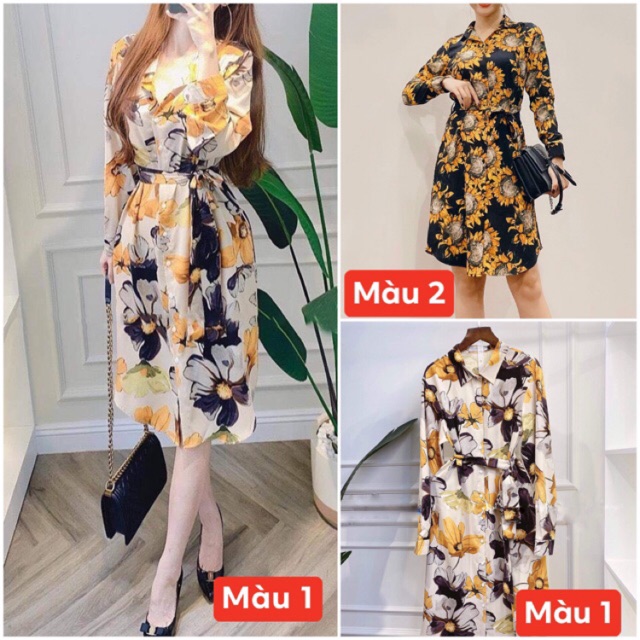 Bán sỉ Đầm sơ mi dáng suông hoạ tiết hoa thiết kế kèm đai