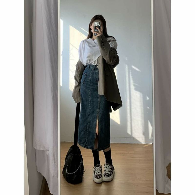 Chân Váy Jean Nữ Lệch Dáng Dài Xẻ Tà Phong Cách Hàn Quốc ❤️