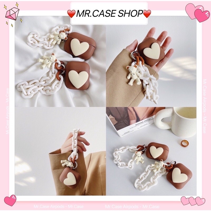 Case Airpods 1/2 /Pro Vỏ Ốp Tai rNghe Hình Tim Nâu Kèm Móc Khoá gấu Xinh - Mr.Case AirPods