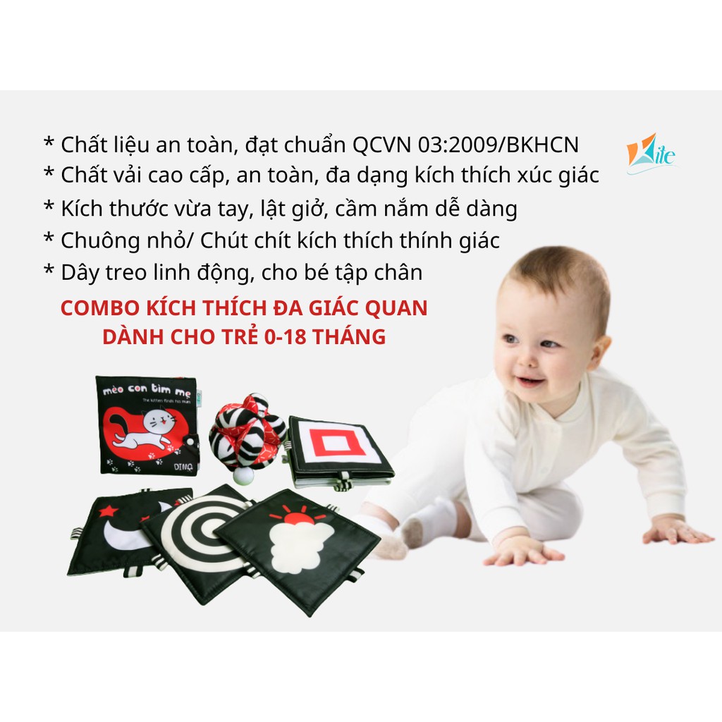 Sách vải sơ sinh đen trắng đỏ  kèm học liệu Cánh Diều, kích thích đa giác quan, nhận biết màu sắc