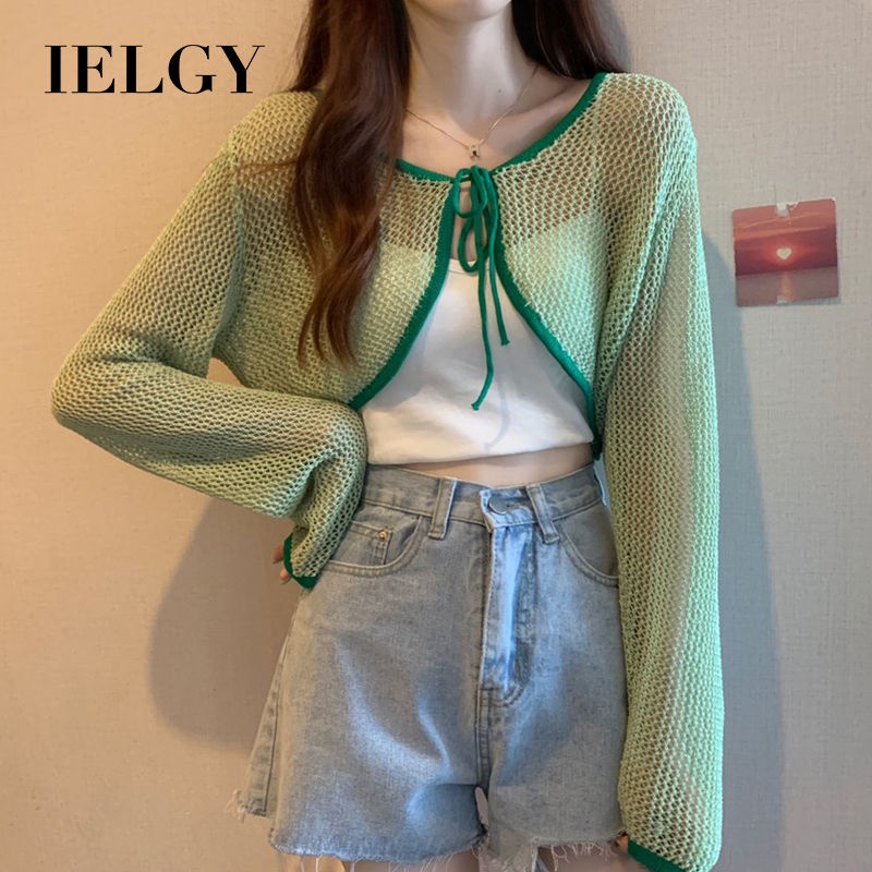IELGYÁo Dệt Kim Mỏng Cột Dây Màu Sắc Tương Phản Phong Cách Hàn Quốc Thời Trang Mùa Hè Cho Nữ