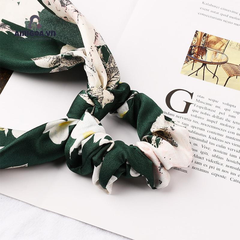 Dây Cột Tóc Cao Su Bản Lớn Thắt Nơ Tam Giác Thắt Dây In Họa Tiết Hoa Cổ Điển
