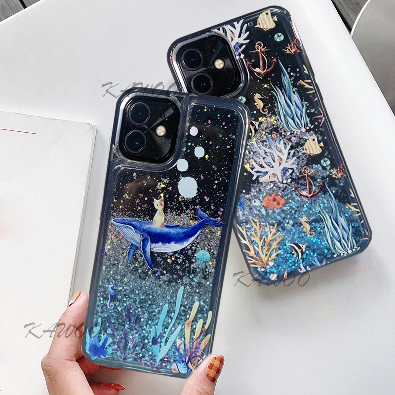 Ốp Điện Thoại TPU Mềm Họa Tiết Cá Voi / Mèo Phối Cát Lún Lấp Lánh Cho iPhone 12 13 Pro Max 11 X XR XS 8 Plus SE 2020 6 6S