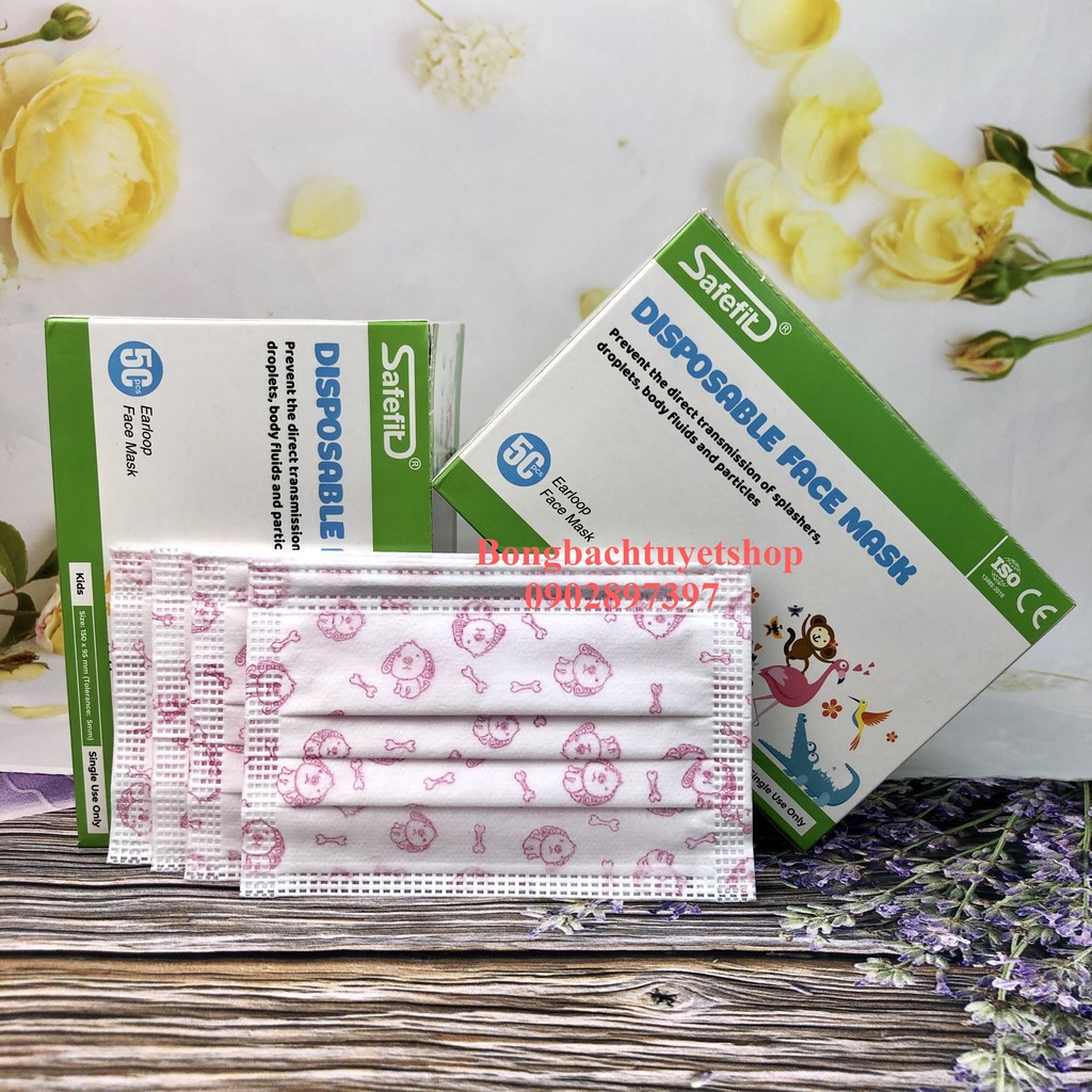 Khẩu trang cho bé 50 cái/ hộp in hình dễ thương/ màu Xanh – Khẩu trang kháng khuẩn 3 lớp cho bé từ 6 – 13 tuổi