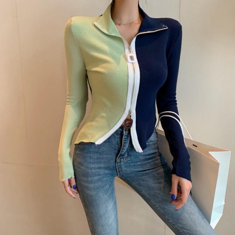 Áo sweater dài tay phối màu có khóa kéo thời trang mùa thu dành cho nữ