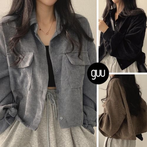 Áo sơ mi nhung tăm GUU basic có túi ngực tay phồng  thiết kế dáng croptop về 3 màu siêu đep và dễ phối đồ