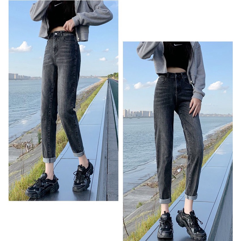 Quần jean dài phom Baggy/boyfriend co dãn mạnh, lưng cao, màu xám loang rách đẹp Siêu Phẩm 4093