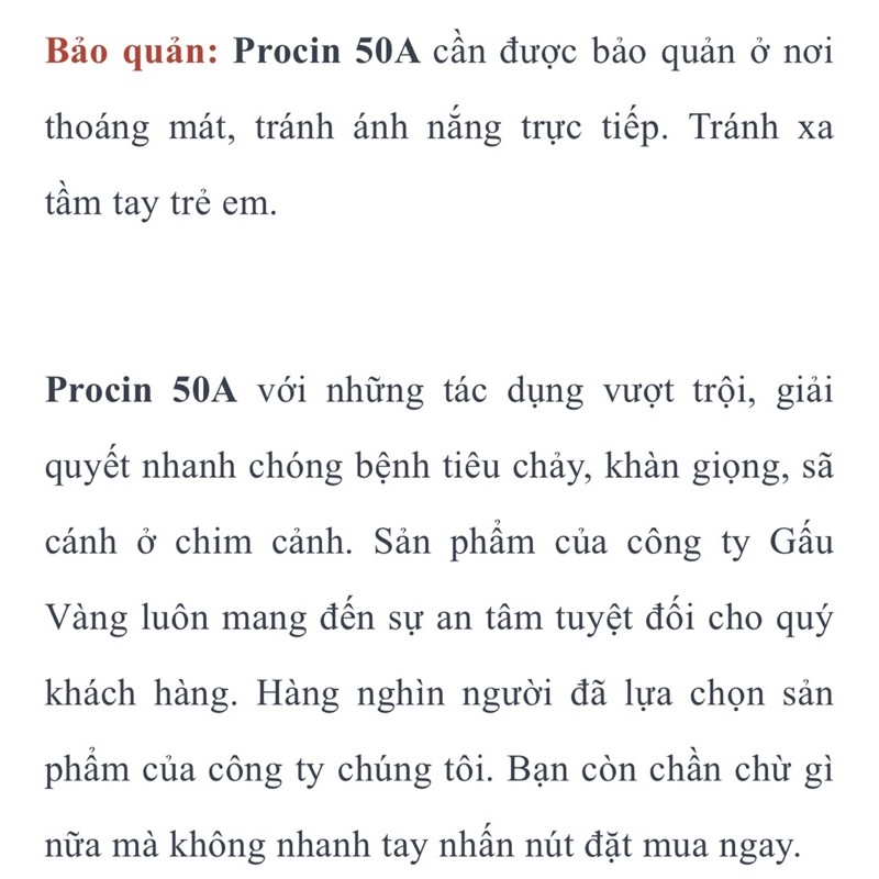 1 chai 10 ml PROCIN 50A Dùng cho chim cảnh khàn giọng.