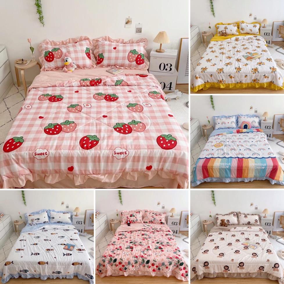 Bộ chăn mền vỏ ga gối Cotton Đũi phối bèo M2M Home - Chăn mền lót bông đủ màu đủ size miễn phí bo chun