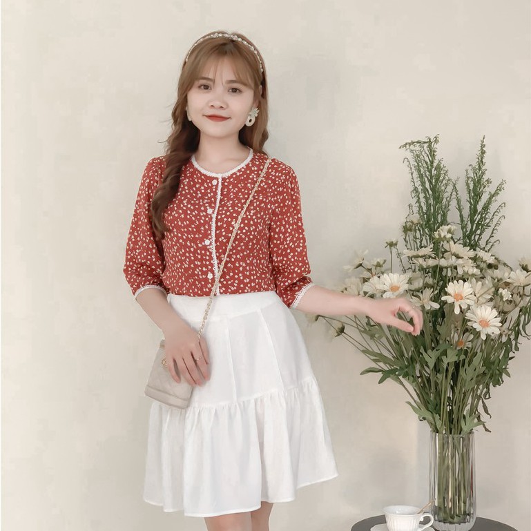 Áo sơ mi nữ hoa nhí đỏ cổ tròn viền ren thiết kế Bazzi tay lỡ - ẢNH THẬT TỰ CHỤP