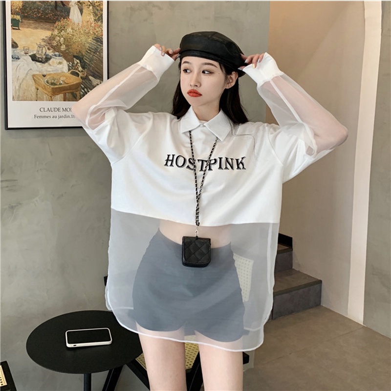 Áo tay dài dáng rộng cổ polo phối lưới phong cách thời trang Hàn Quốc