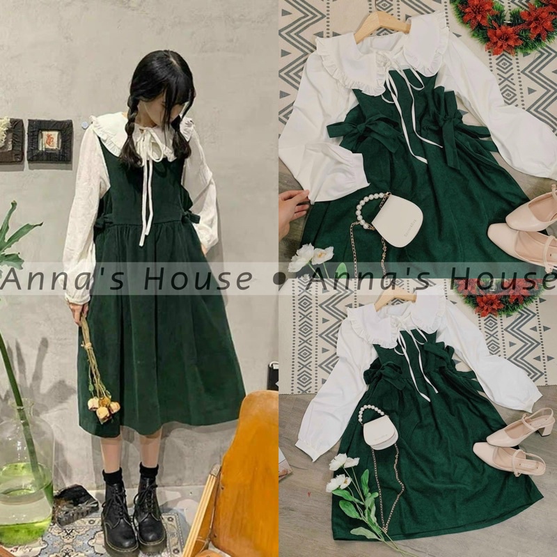 HÌNH THẬT - Set yếm váy babydoll nhung xanh rêu + áo trắng cổ bèo tay dài