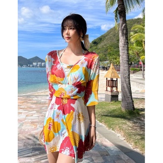 Bộ đồ bơi nữ liền mảnh váy họa tiết hoa chất thun dày đẹp phối lưới xịn size lớn