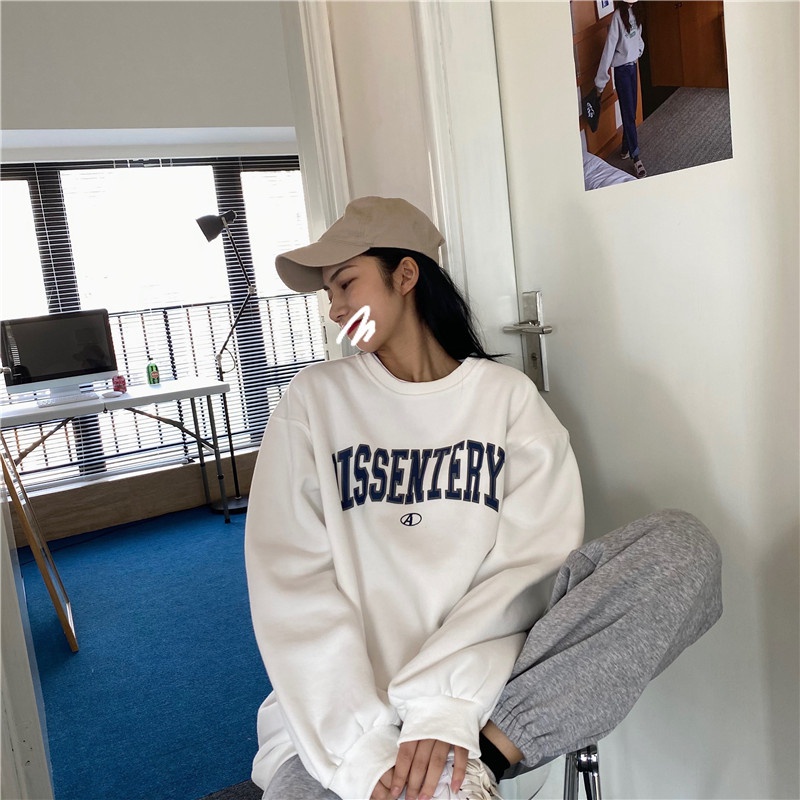 Áo sweater tay dài dáng rộng in chữ thiết kế đơn giản dành cho nữ