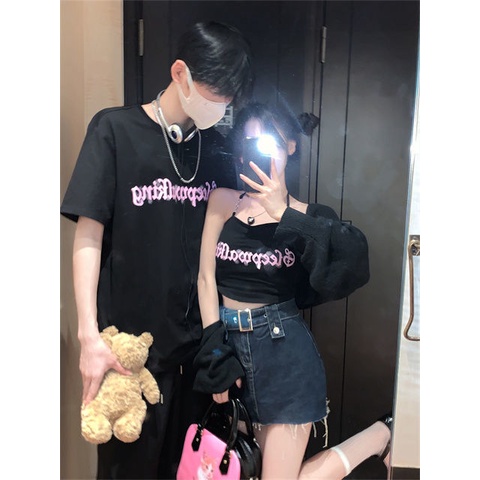 Set Áo Thun Tay Ngắn + Áo Hai Dây In Chữ Thời Trang Cho Cặp Đôi