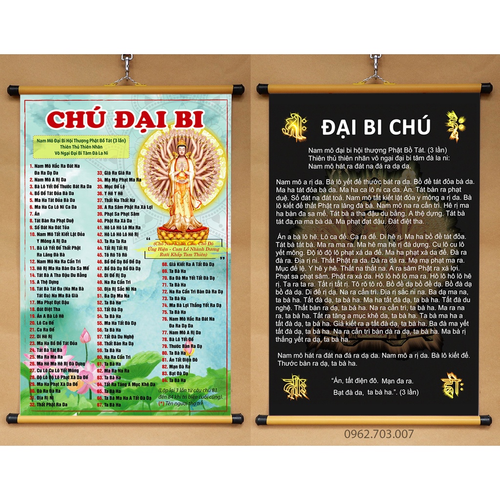 Tranh Chú Đại Bi treo tường 40x60cm chất liệu vải phủ bóng cao cấp, dày dặn