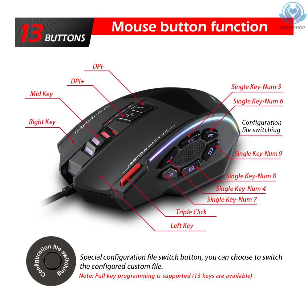 【enew】Zelotes C-13 Wired Gaming Mouse 13 Programming Keys Adjustable 10000DPI RGB Light Belt 128KB On-board Memory Built-in Counterweight Mechanism