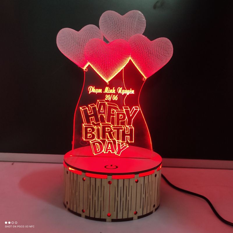 Đèn Ngủ Đế Gỗ Led 3D - Love Happy Birthday