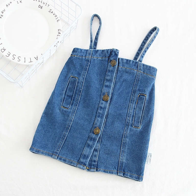 Đầm Denim Hai Dây Màu Sắc Trơn Thời Trang Xuân Thu Hàn Quốc Cho Bé Gái 80-120 Tuổi