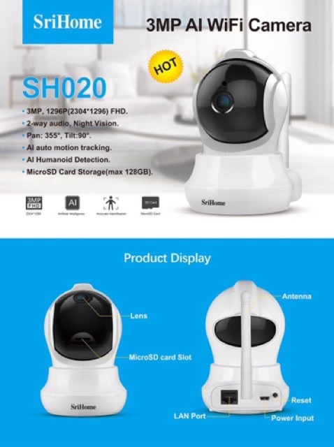 Camera 3.0 Mpx IP Wifi SriHome SH020 Chất Lượng HD+ 1296 Pixel Bảo hành 12 tháng