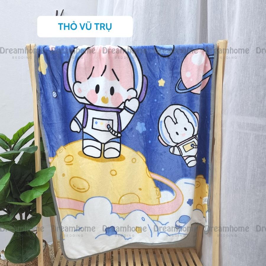 Chăn lông tuyết cho bé DREAMHOME mỏng nhẹ 1mx1m4 dùng mùa hè thu, 2 mặt tuyết in hình thú cho trẻ em