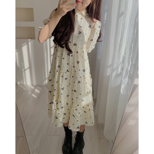 Đầm babydoll hoa nhí xẻ vai 264, đầm trễ vai form rộng dáng dài