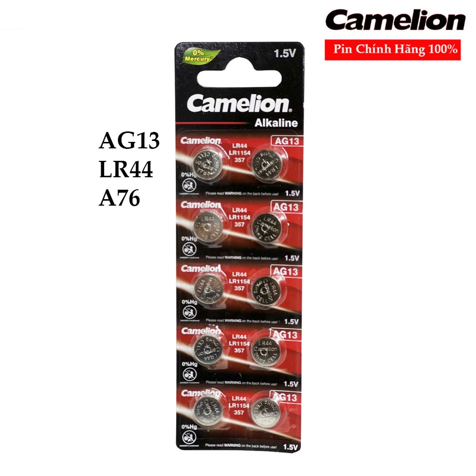 Vỉ 10 Pin cúc áo CAMELION AG13/ LR44/ A76/ G13A/ A765 Alkaline máy tính,  đồng hồ điu khiển, đồ chơi...