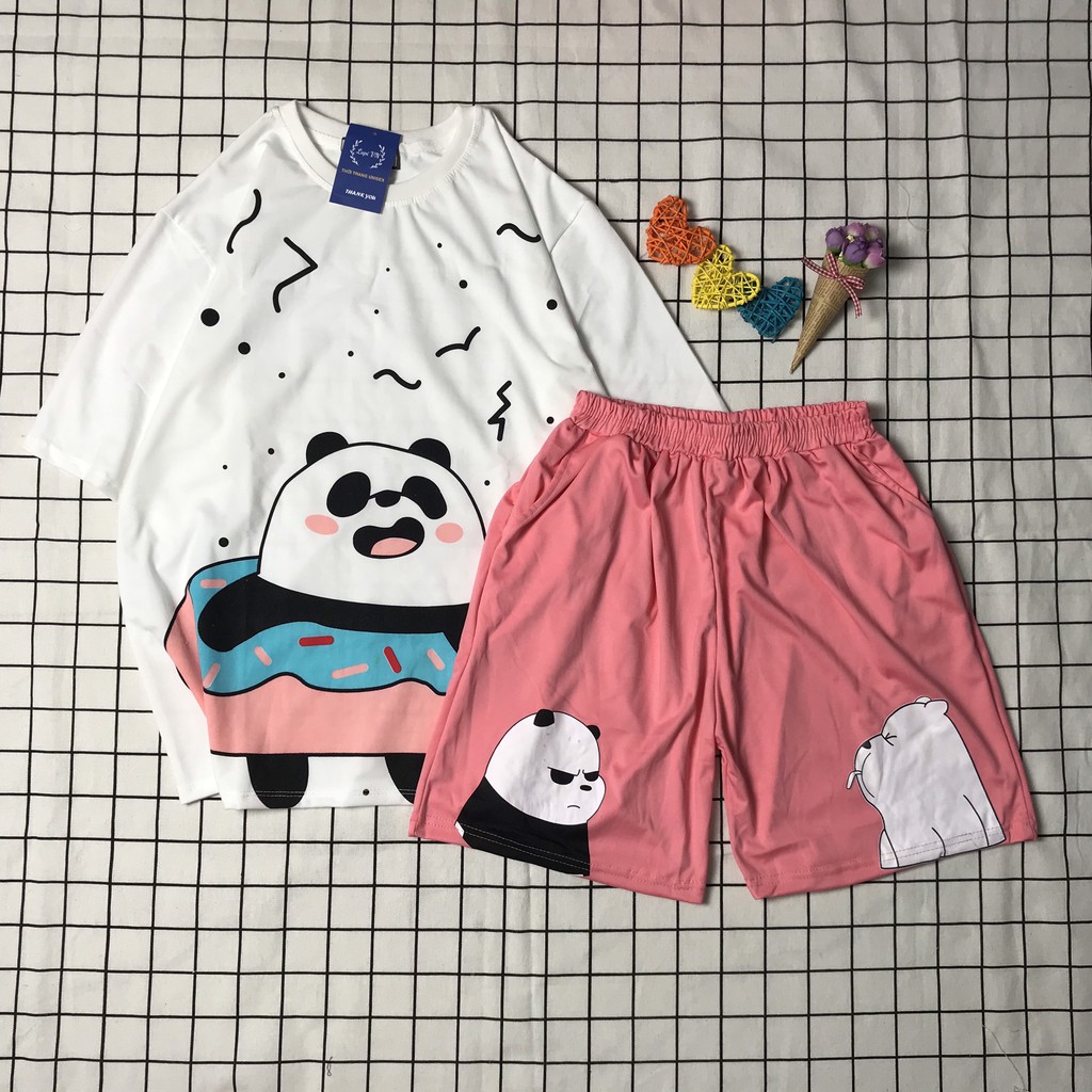 Set Đồ Bộ Gấu Trúc cartoon 3D Cute-Lapi VN Áo+ Quần Đùi Vải Thun Cotton Thoáng Mát, Freesize, Set Trang Phục