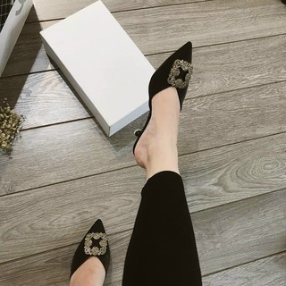 Giày cao gót nữ phối mặt đá vuông chất lụa gót 5cm cao cấp