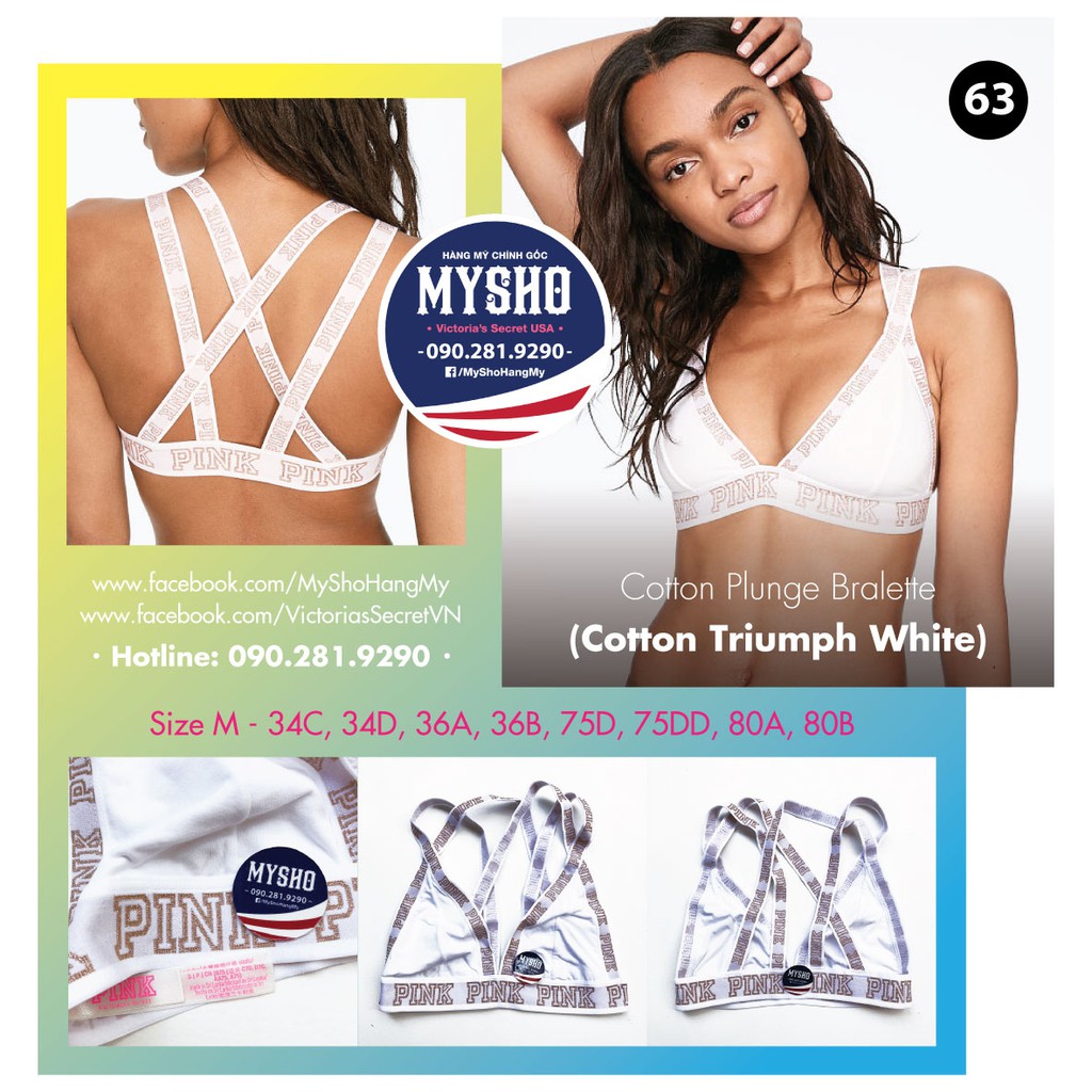 Áo bralette 63 Cotton Plunge Triumph White, màu trắng viền chữ Pink - Size M - hàng nhập Victoria's Secret