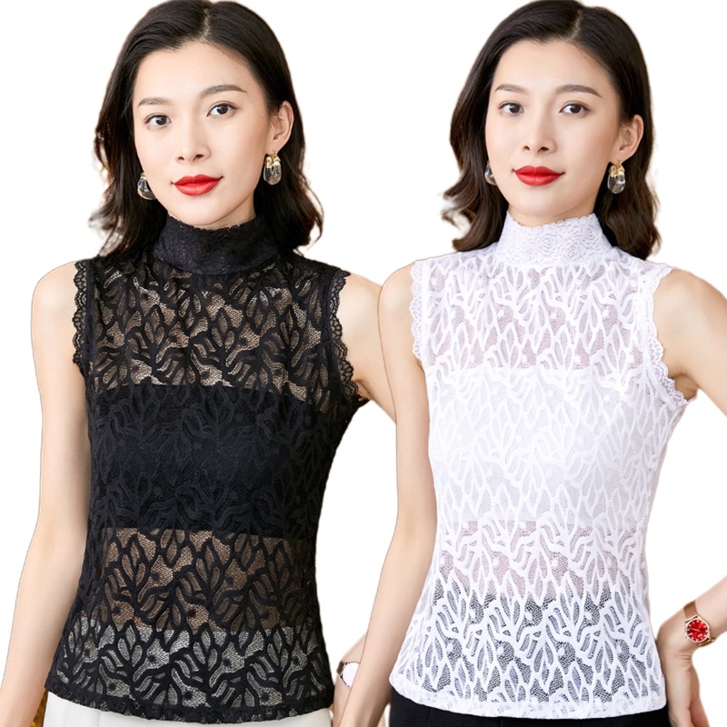 Áo Sơ Mi Không Tay Cổ Cao Màu Trơn Họa Tiết Hoa Xinh Xắn Cho Nữ