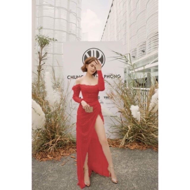 ĐẦM ĐỎ KIM SA RỚT VAI SẺ ĐÙI CAO CẤP NGỌC TRINH