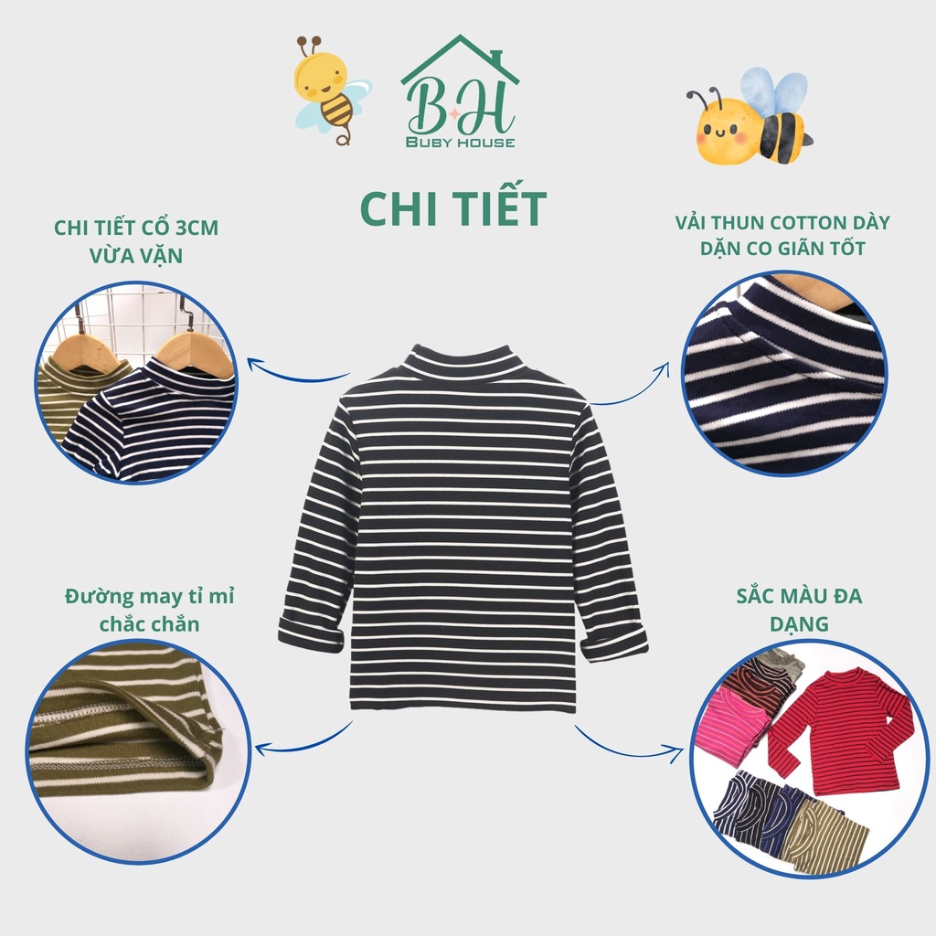 Áo thun cotton dài tay kẻ cho bé trai, bé gái 10-27kg BUBY HOUSE. Áo giữ nhiệt cổ 3 phân dài tay phù hợp mùa thu, đông.