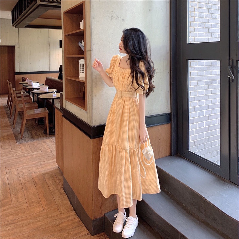 Đầm nữ cổ vuông tay phồng họa tiết sọc caro thời trang retro