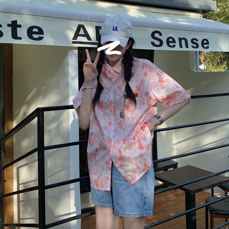 SUXI Áo sơ mi tay ngắn dáng rộng in thời trang mùa hè phong cách Hàn Quốc cho nữ