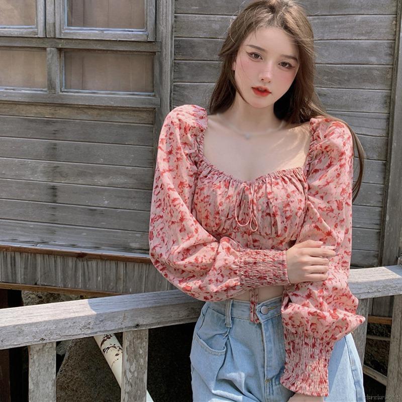 Áo Sơ Mi Chiffon Tay Dài Cổ Vuông In Họa Tiết Hoa Quyến Rũ Cho Nữ